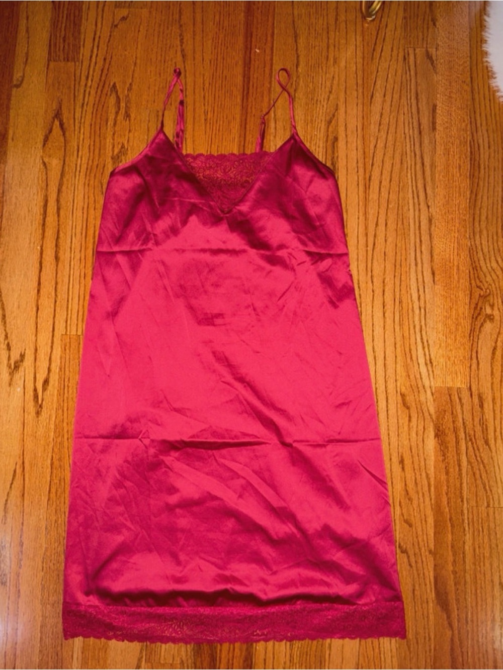 Lace-Trim Satin Slip Chemise in Red